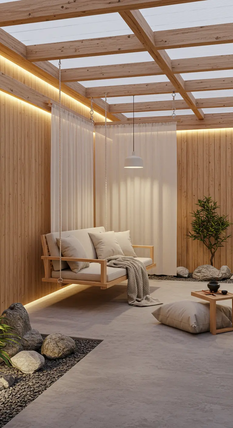 Lichte houten schommelbank met neutrale kussens onder een houten pergola met transparant dak, omringd door planten, stenen en sfeerlicht.