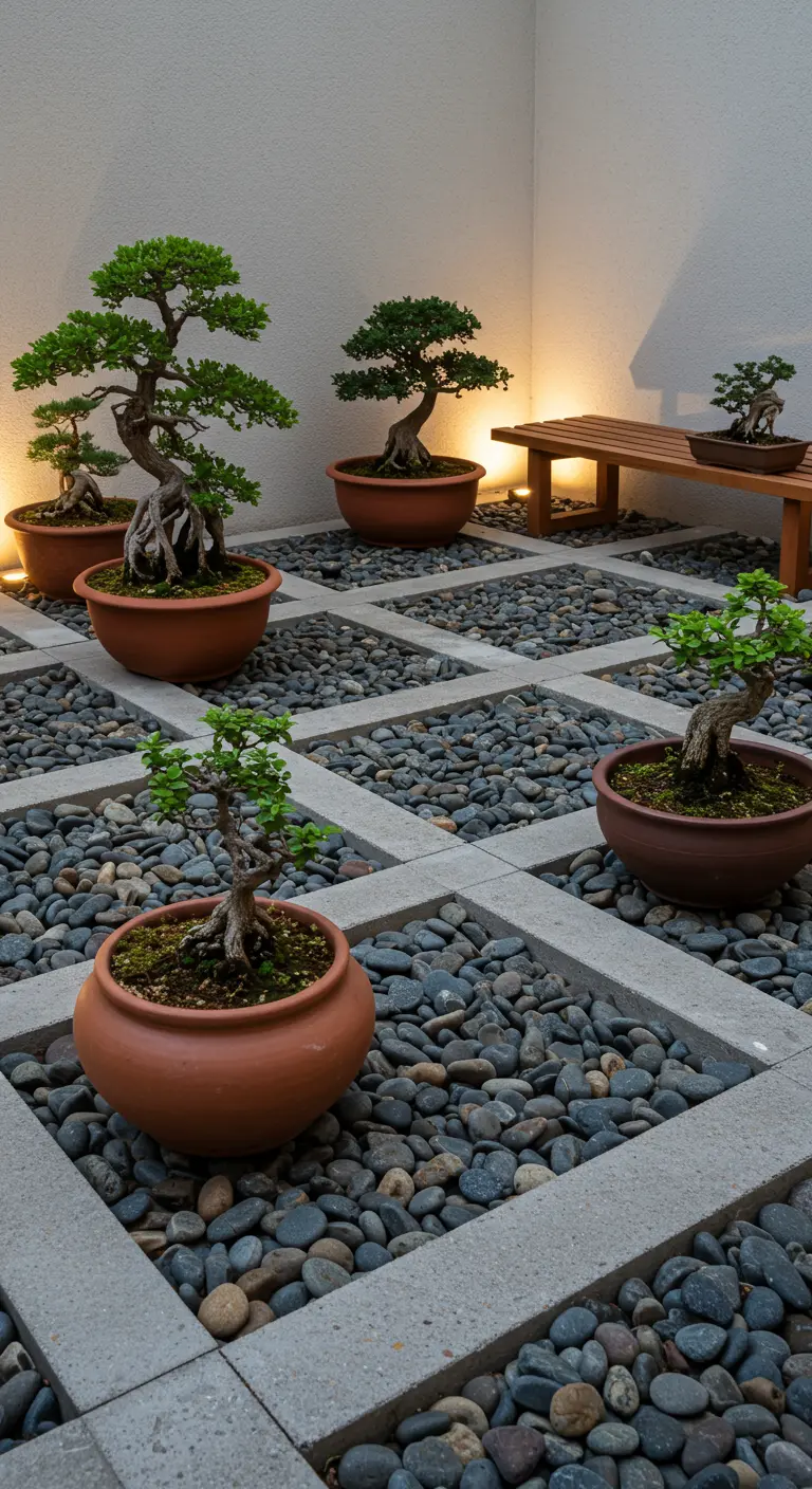 Japanse zentuin met een grindvloer in een tegelroosterpatroon en terracotta potten met bonsaibomen, verlicht.