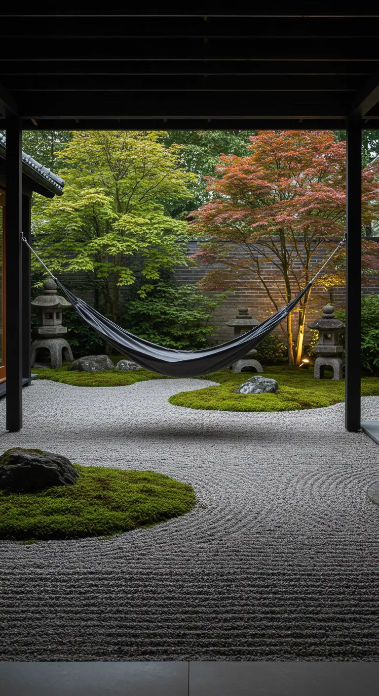 Donkere hangmat boven geharkt grind in een Japanse tuin met mos en stenen lantaarns.