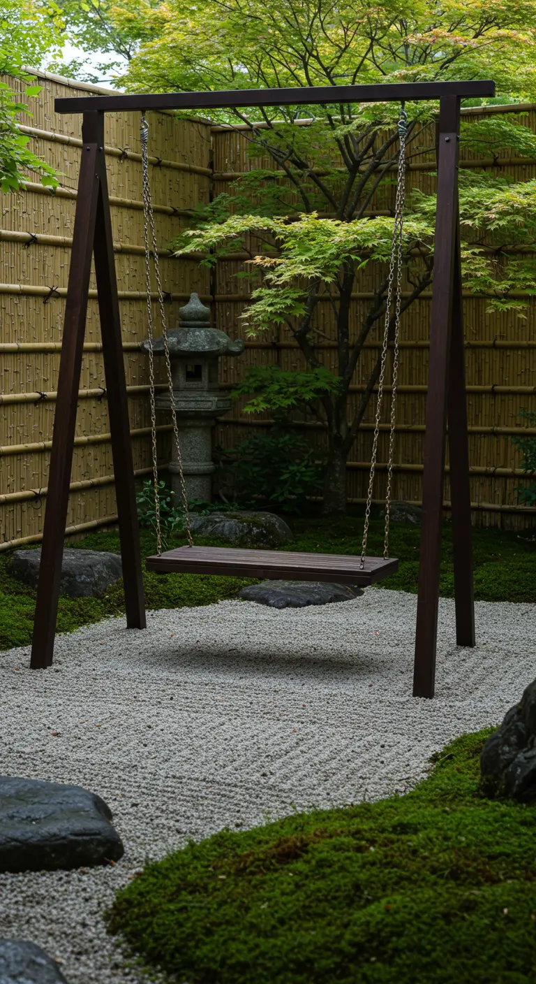 Minimalistische houten schommel in een Japanse tuin met grind, mos en bamboe.
