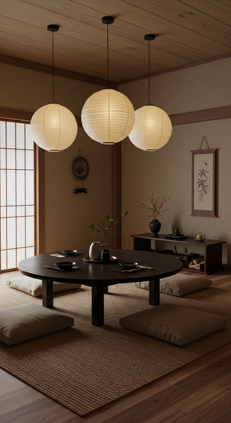 Japanse eetruimte met lage ronde donkere tafel, zitkussens en papieren lampen.