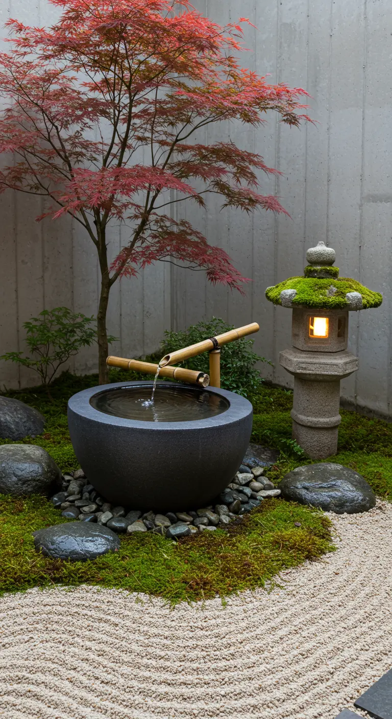 Japanse tuin met rond betonnen waterbassin, bamboe waterloop, mos en stenen lantaarn.