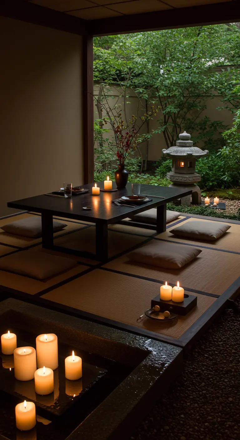 Japanse setting met lage tafel, kussens, kaarsen en stenen lantaarn.