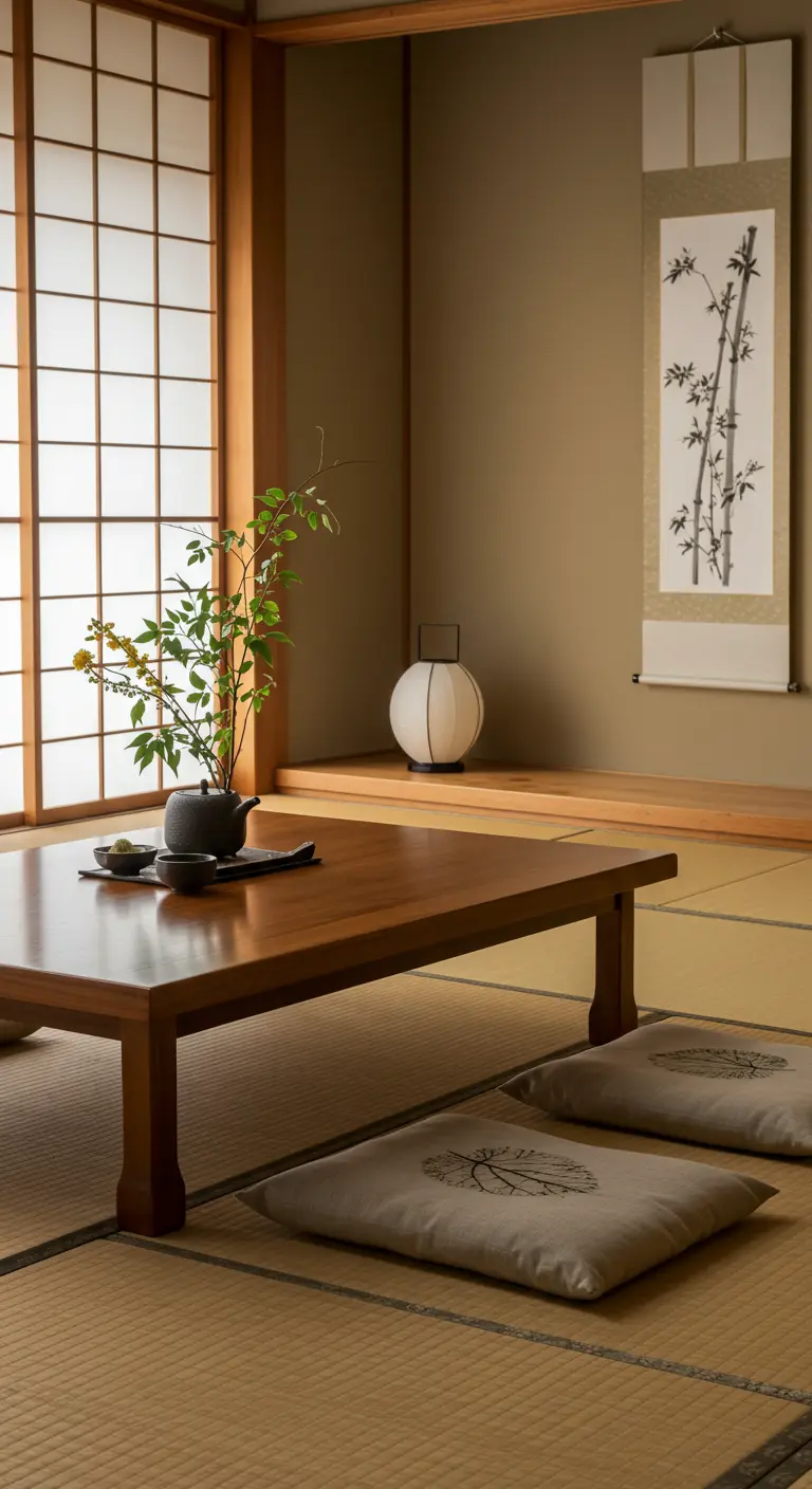 Japanse kamer met lage tafel, kussens met boomprint en ikebana bloemstuk.