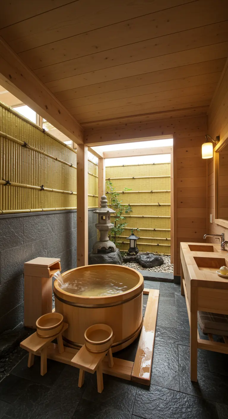 Japanse badkamer met houten Ofuro-bad, bamboe wanden, leistenen vloer en stenen lantaarn.