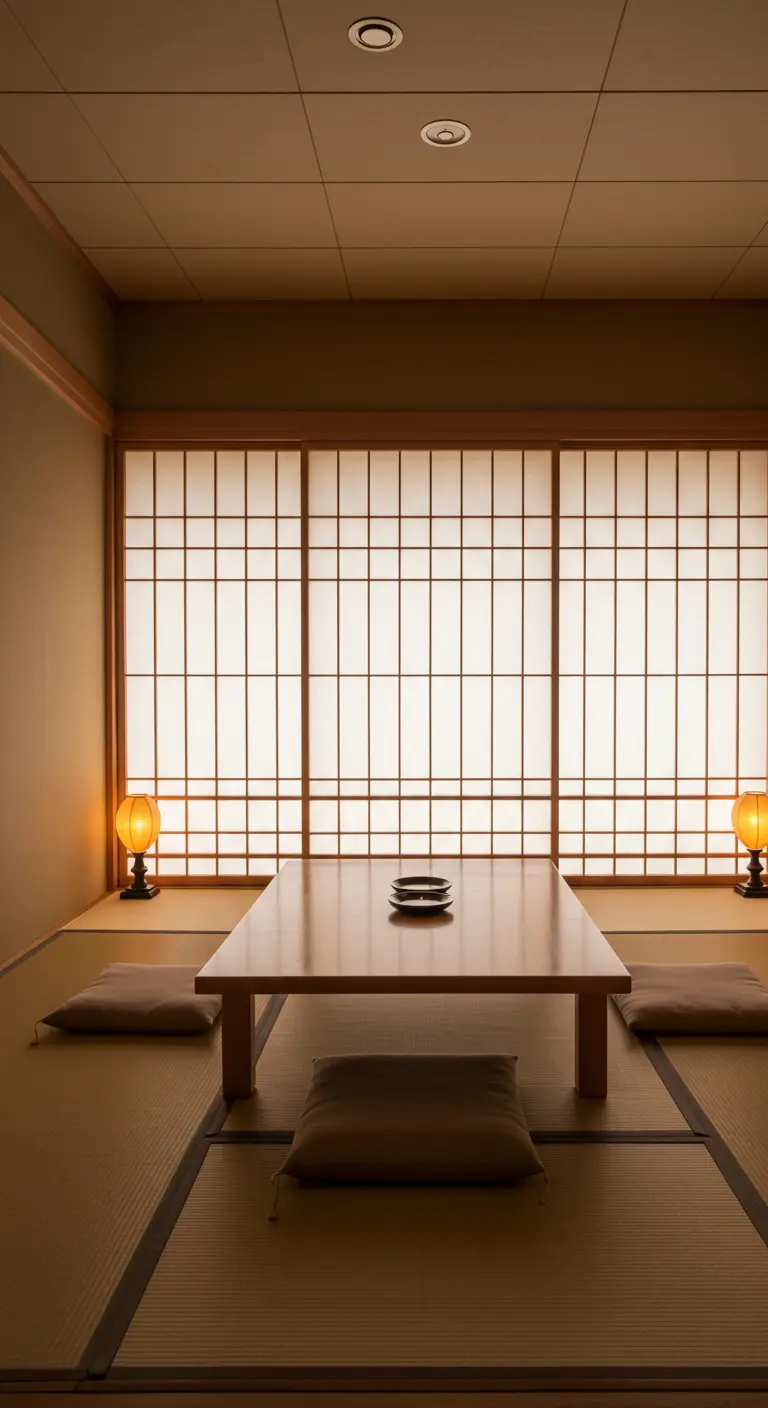 Minimalistische Japanse eethoek met shoji-schermen en een lage tafel met zitkussens.