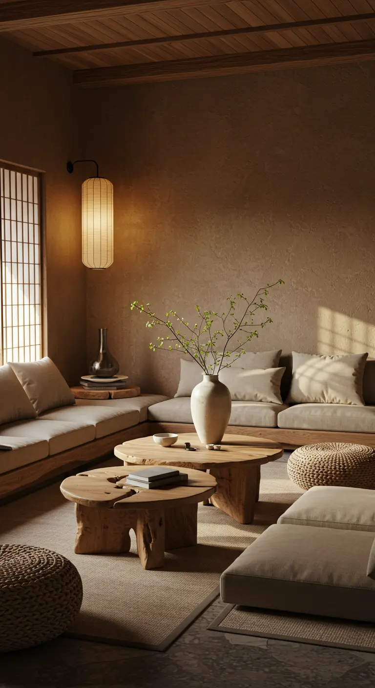 Japanse woonkamer met lage houten banken, ronde tafels en shoji-scherm.