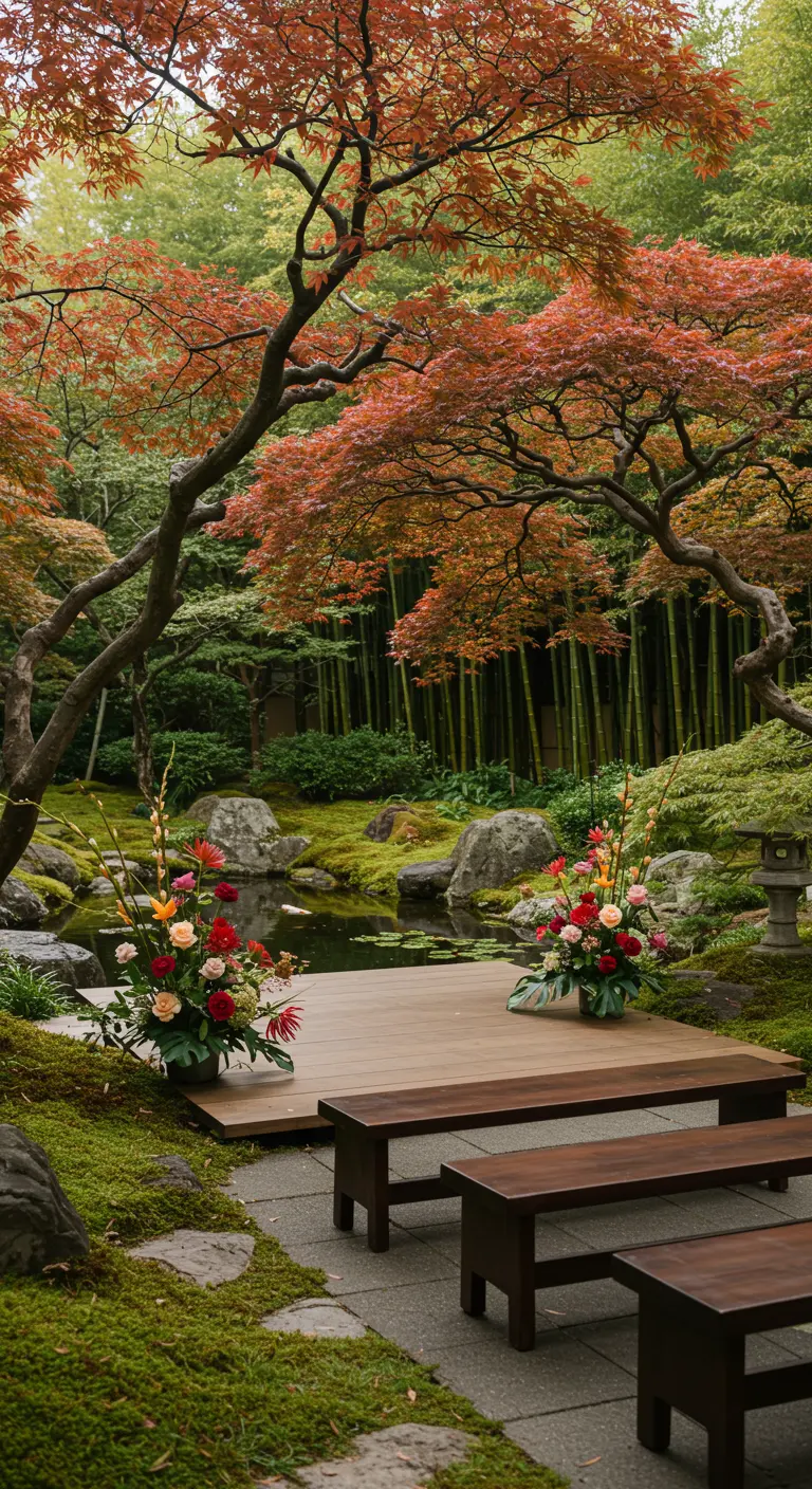 Ceremonie in Japanse tuin met herfstkleuren, houten platform en minimalistische bloemstukken.