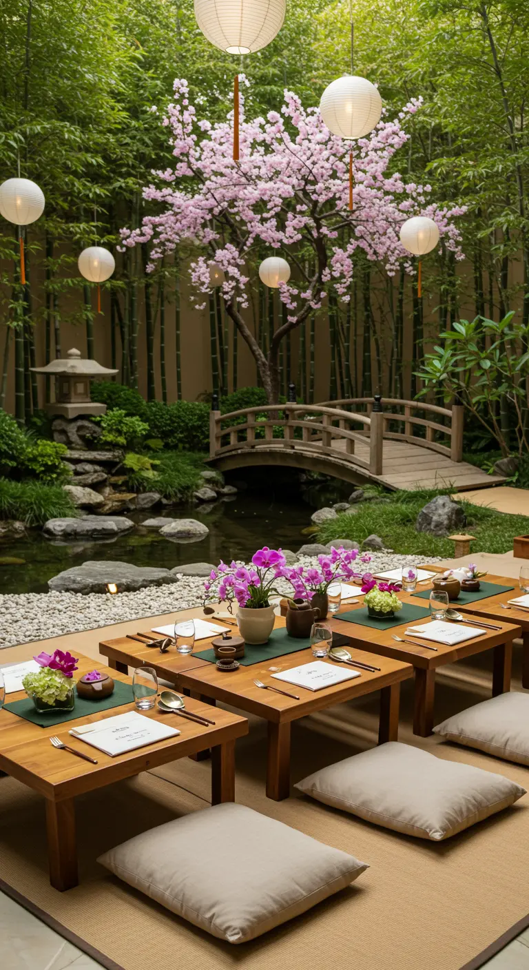 Japanse tuindiner setting met lage tafels, lampionnen en kersenbloesem decor.