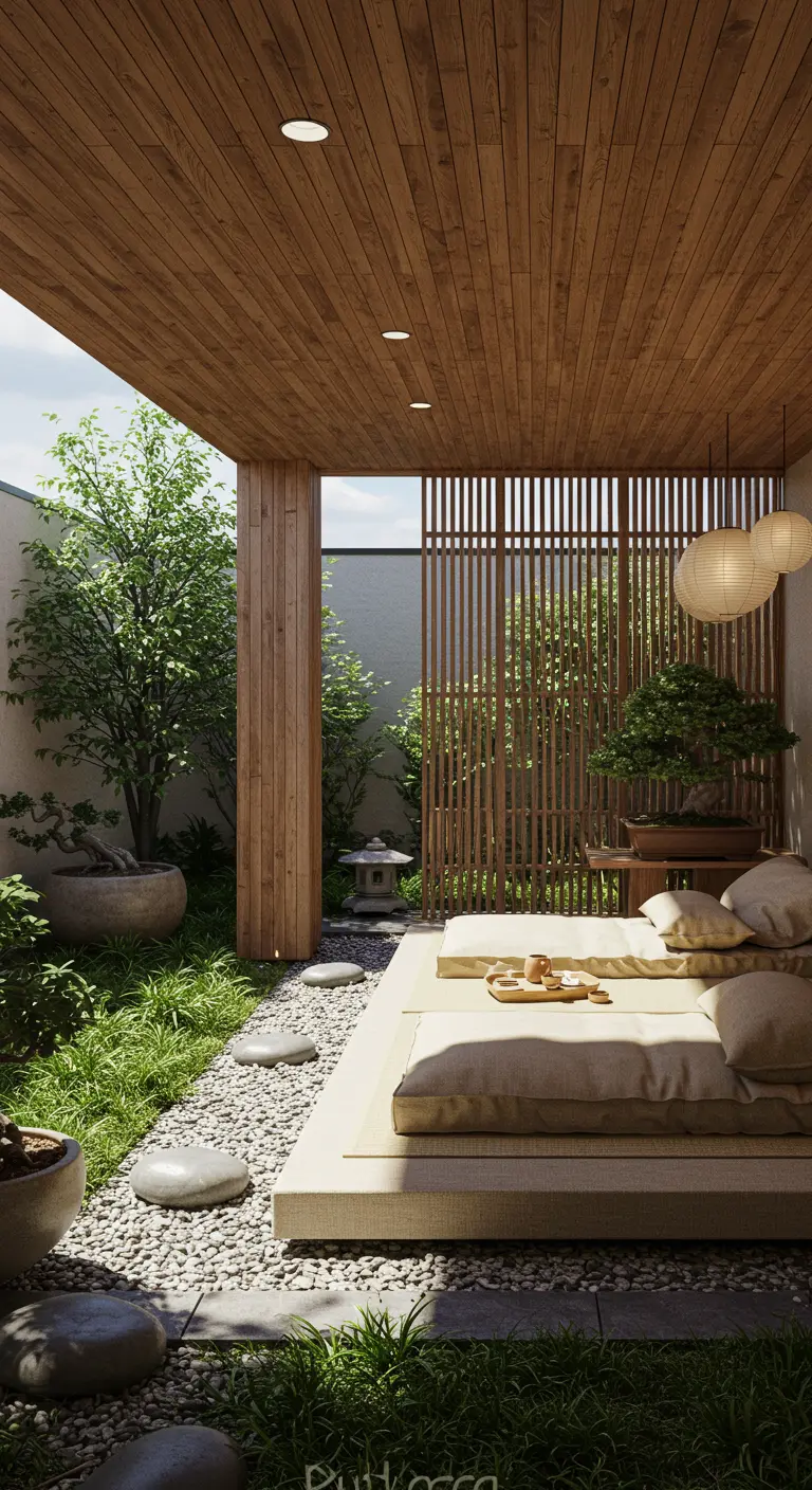 Japanse zentuin met houten overkapping, lage zitplaatsen, grindpad en bonsaiboom.
