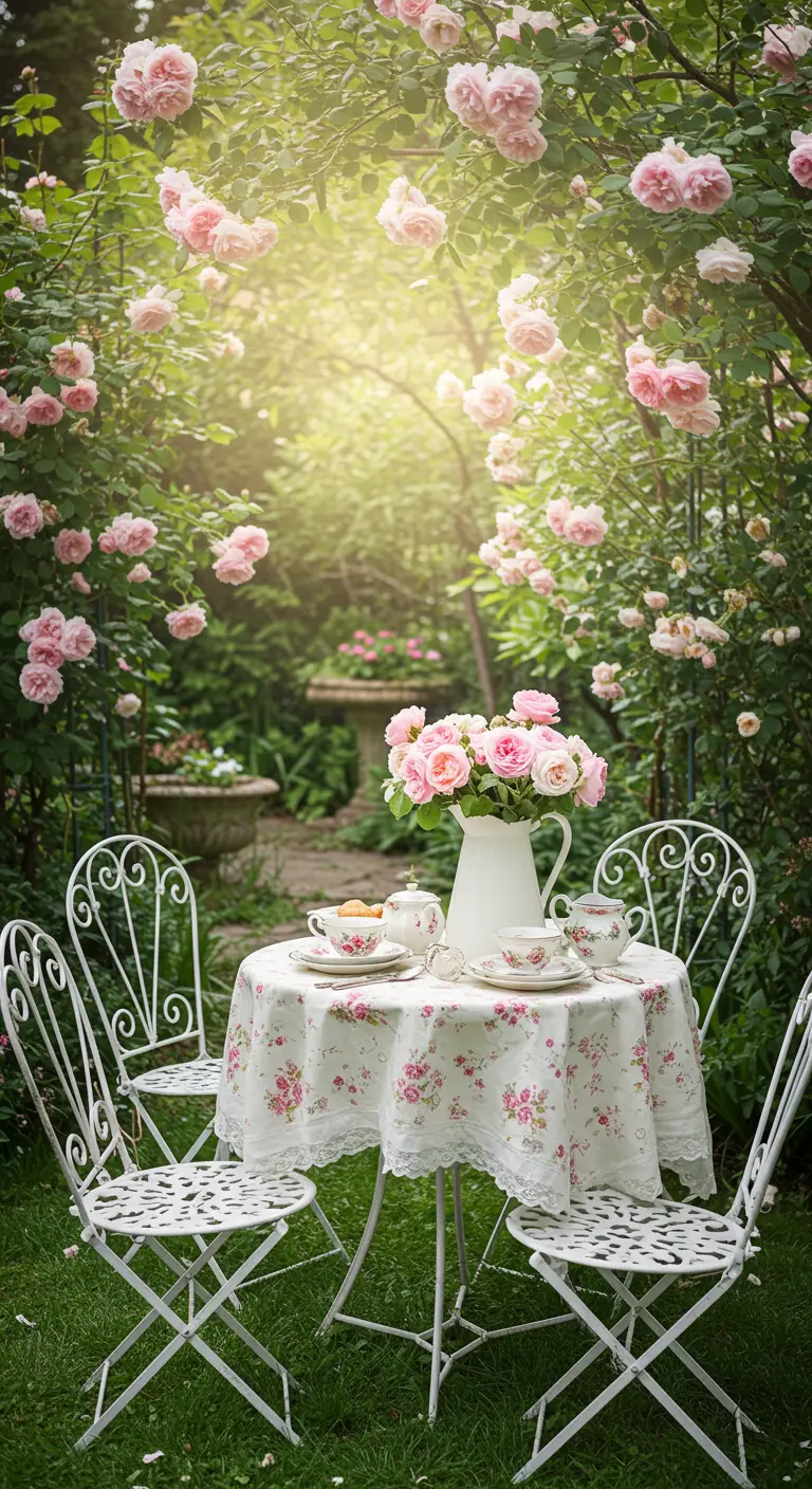 Wit smeedijzeren tuinset in een rozentuin met roze bloemendecoratie.