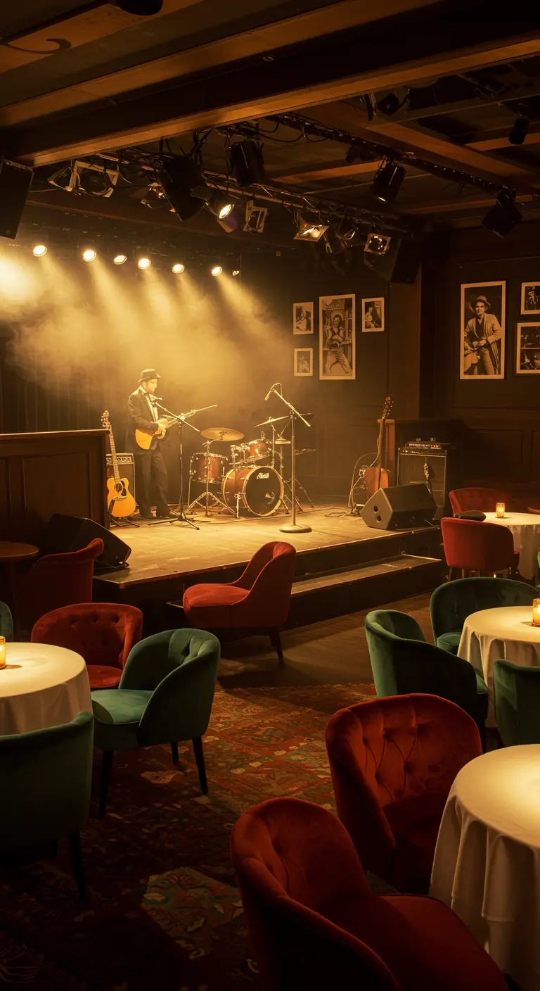 Jazzclub met podium, muzikanten, kleine tafels en fluwelen stoelen.