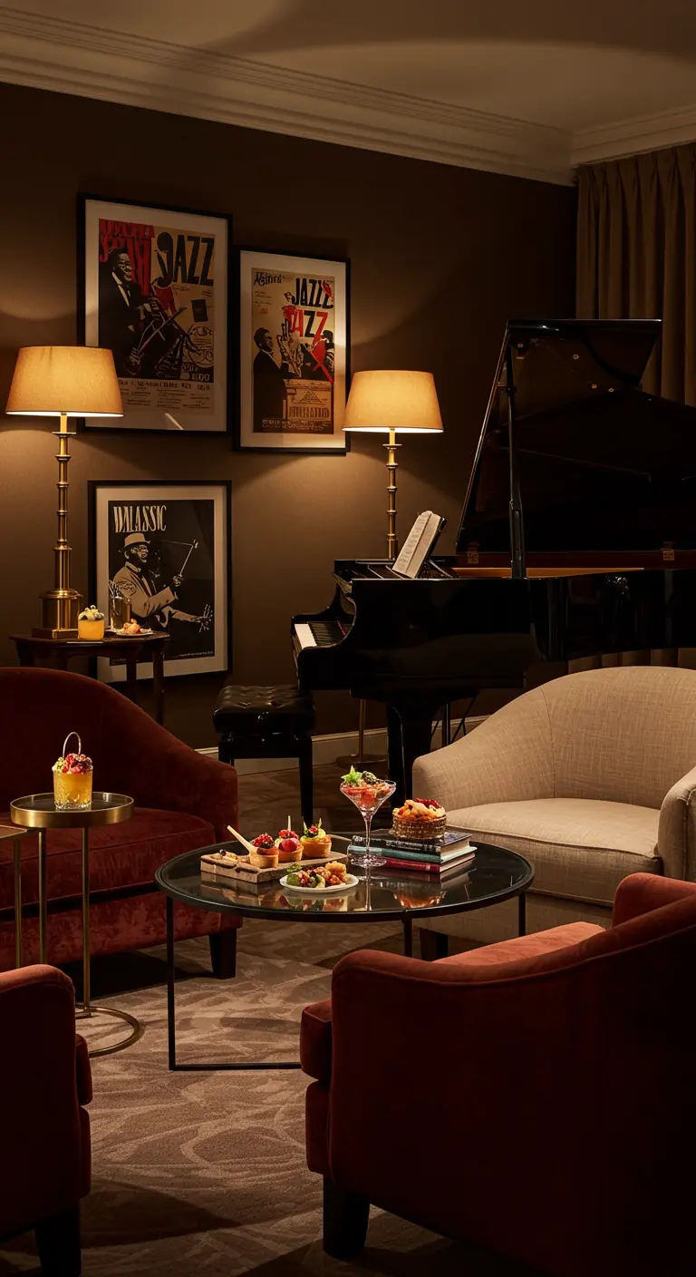 Donkere, sfeervolle lounge met jazzposters, piano en fluwelen fauteuils.