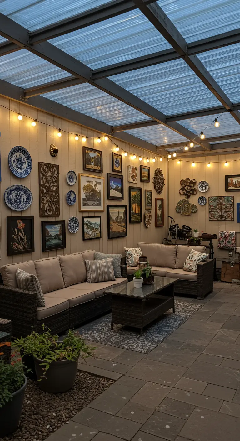 Overdekt terras met een wand vol ingelijste schilderijen, borden en decoratieve objecten.