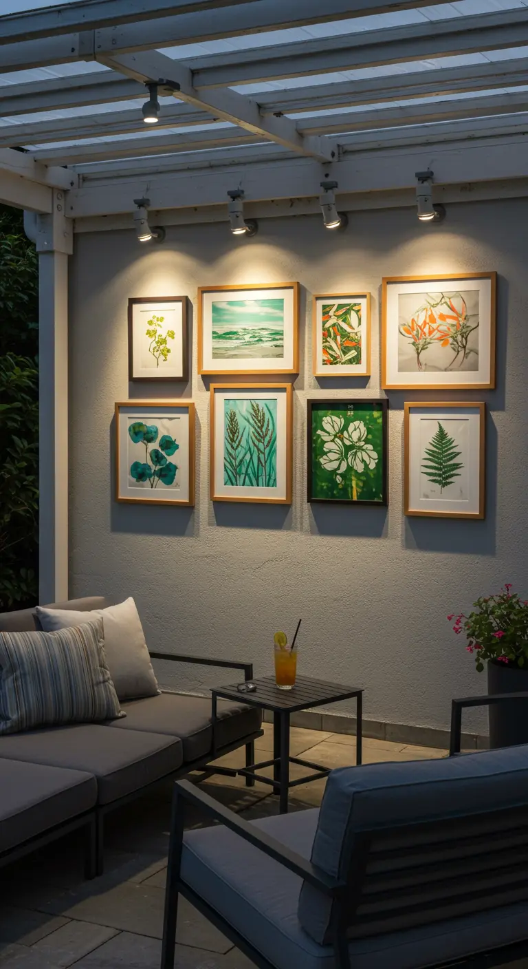 Buitenmuur met een galerij van ingelijste botanische kunstwerken en bovenliggende spotverlichting.