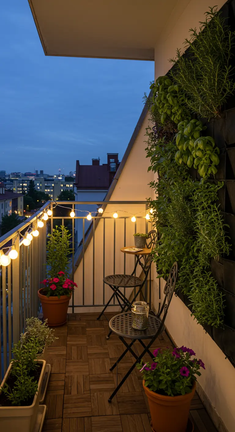 Balkonmuur met verticale kruidentuin, bistroset en lichtsnoer bij schemering.