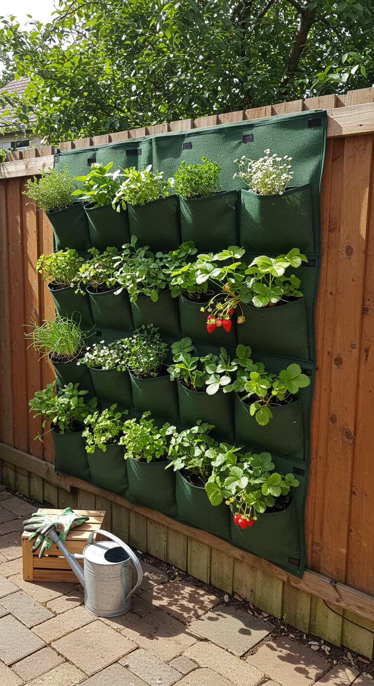 Vilten verticale plantenzak aan schutting met diverse kruiden en aardbeien.