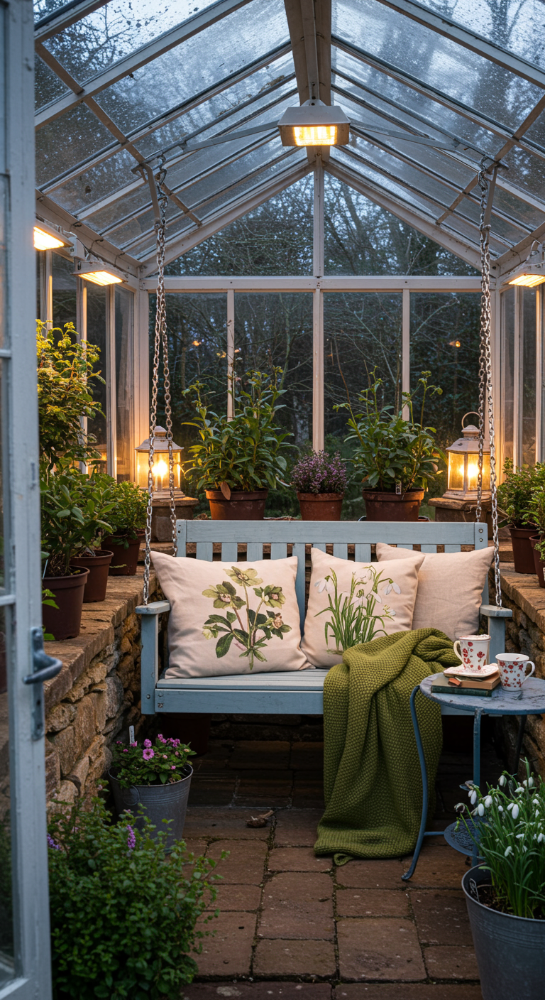 Houten schommelbank met botanische kussens in een kas vol planten, verlicht met lantaarns.