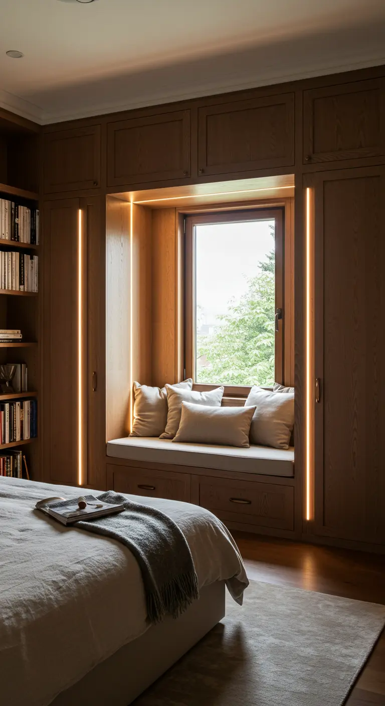 Raamnisk met zitbankje, verlicht door verticale LED-strips aan weerszijden.
