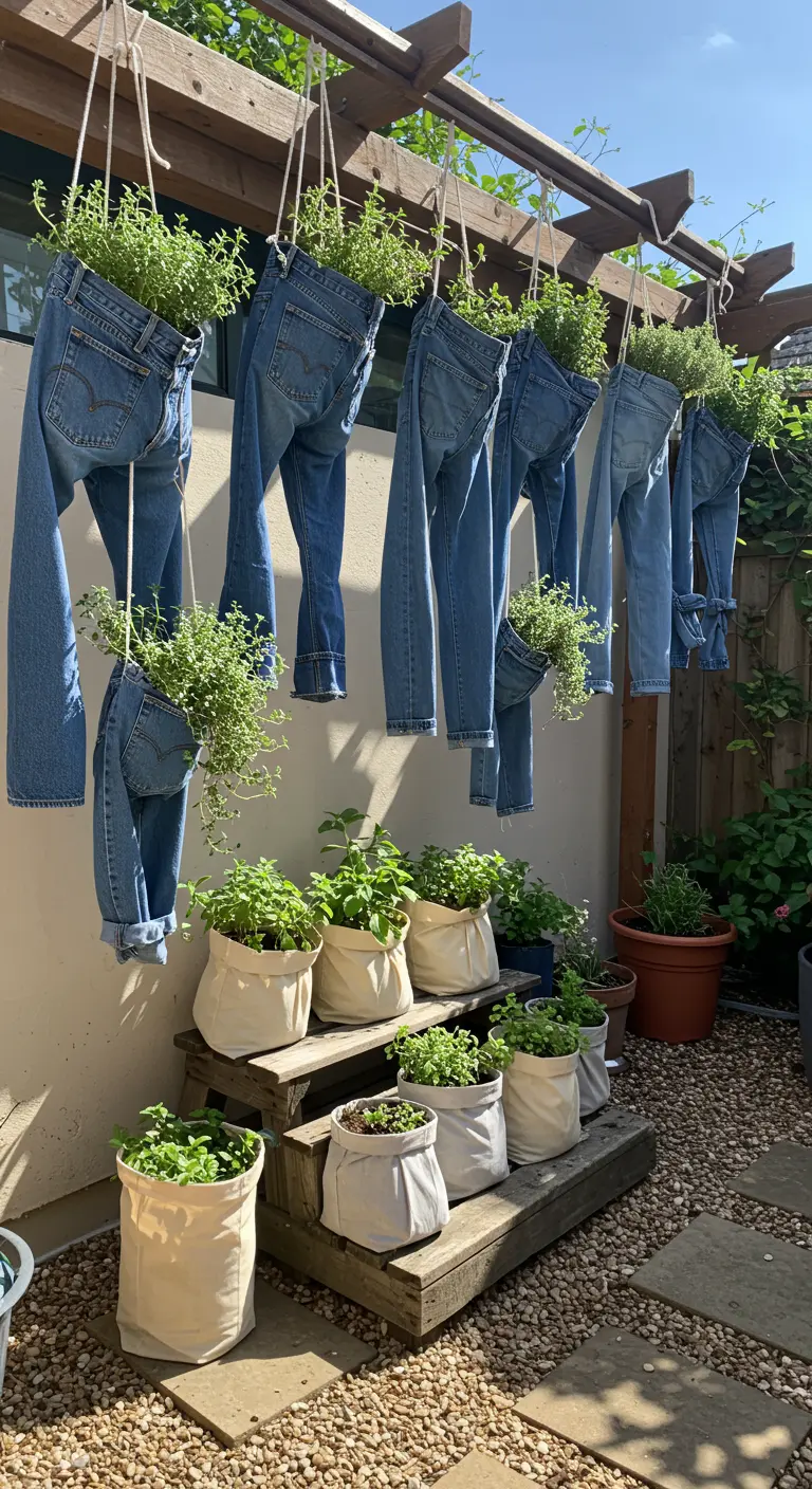 Verschillende denim jeans, ondersteboven hangend, elk met groene kruidenplanten erin.