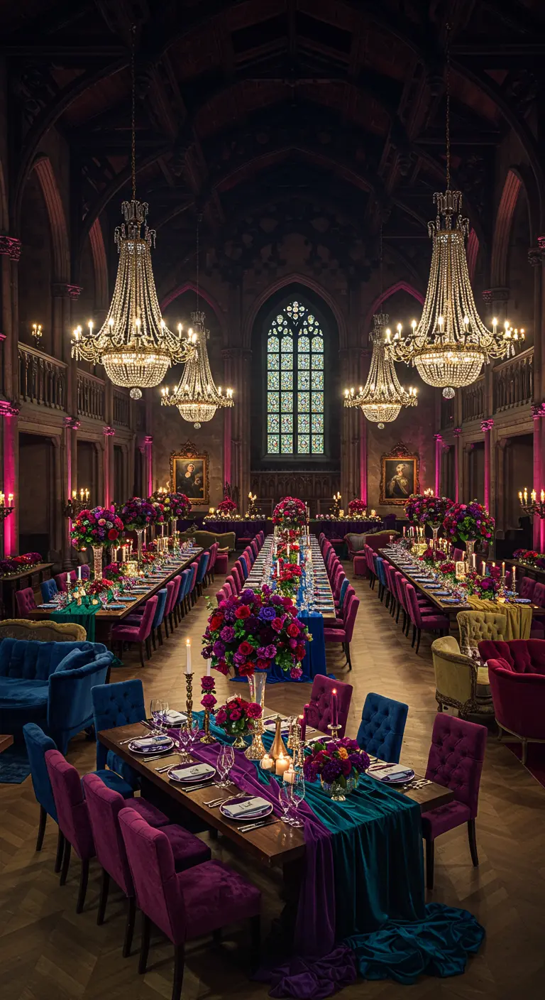 Grote, opulente trouwzaal met tafels en stoelen in verschillende juweeltinten