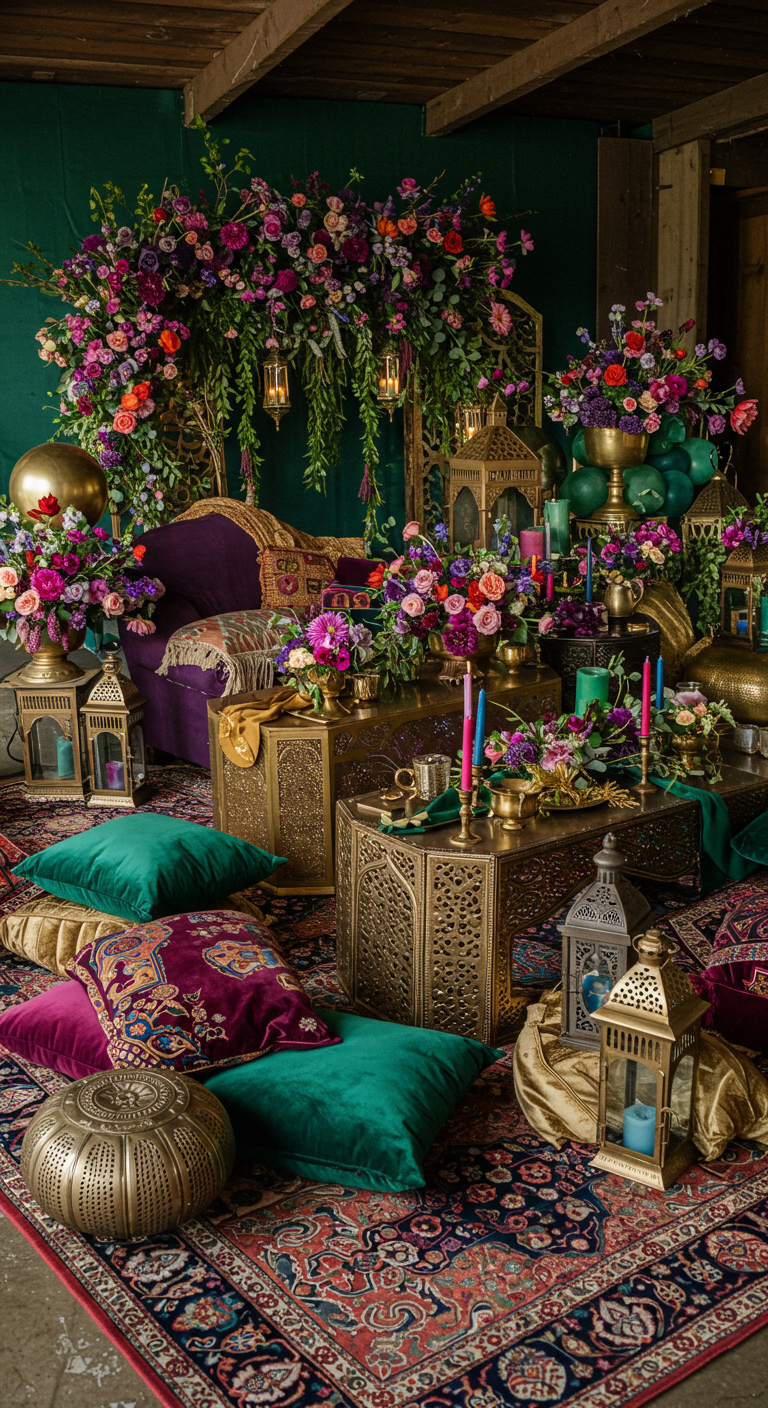 Luxe boho-setting met juweelkleuren, gouden accenten en veel bloemen.