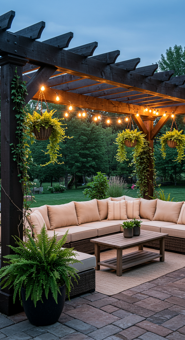 Donkere houten pergola met hoekbank, verlicht door lichtsnoeren en hangplanten in de schemering.