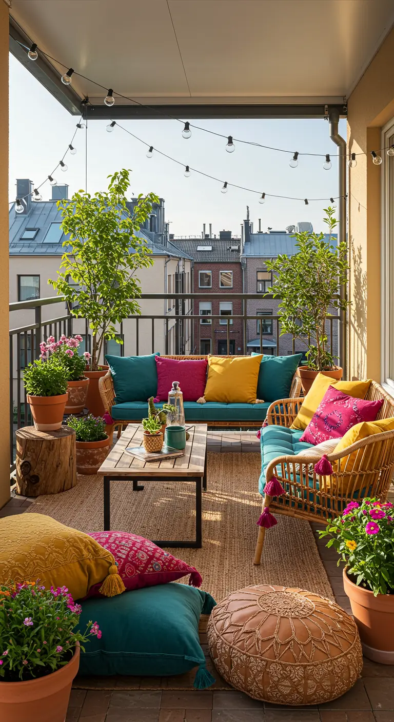 Balkon met rieten meubels en veel kleurrijke kussens in petrol, roze en geel.
