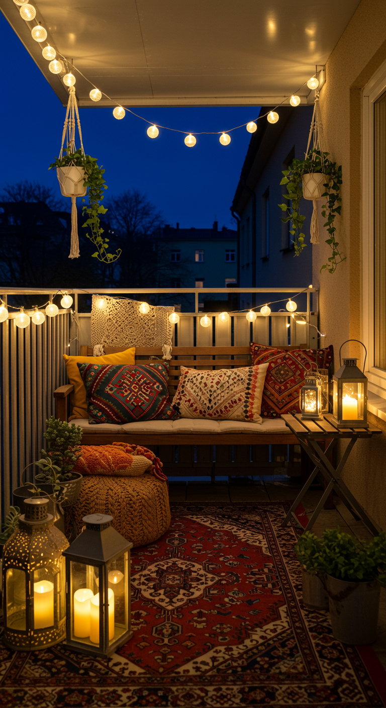 Gezellig balkon 's avonds met lichtslingers, kussens, tapijt en lantaarns.