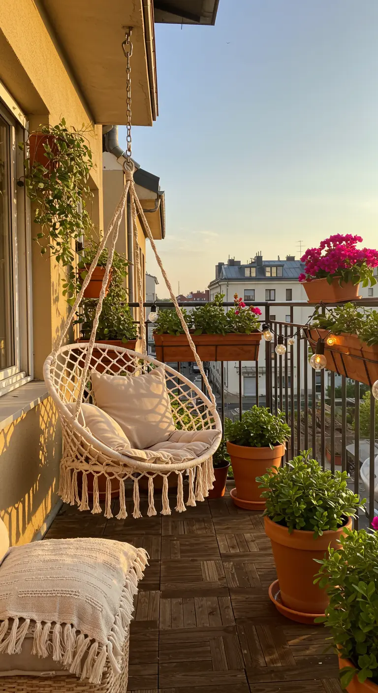 Macramé hangstoel op zonnig balkon met planten en houten vlonders.
