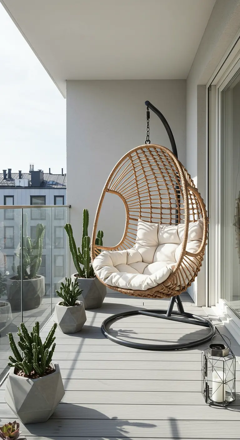 Rotan eivormige hangstoel op modern balkon met cactussen en lantaarn.