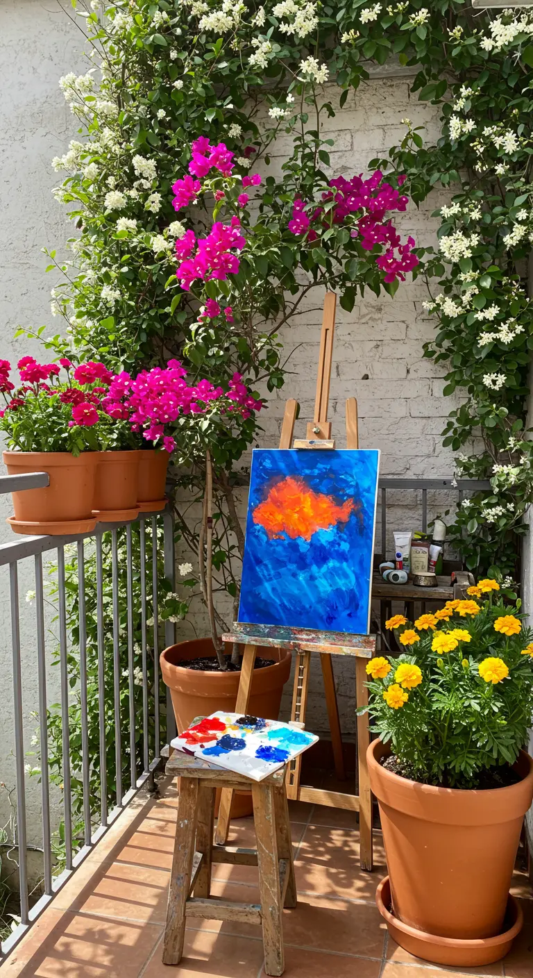Balkon schilderstudio met ezel, kleurrijk schilderij, en bloeiende planten in terracotta potten.