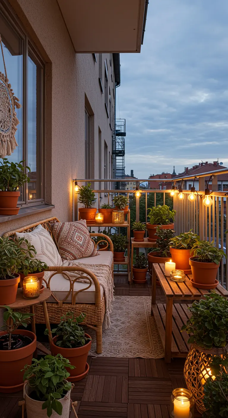 Sfeervol balkon met rotan bank en warme verlichting bij schemering.