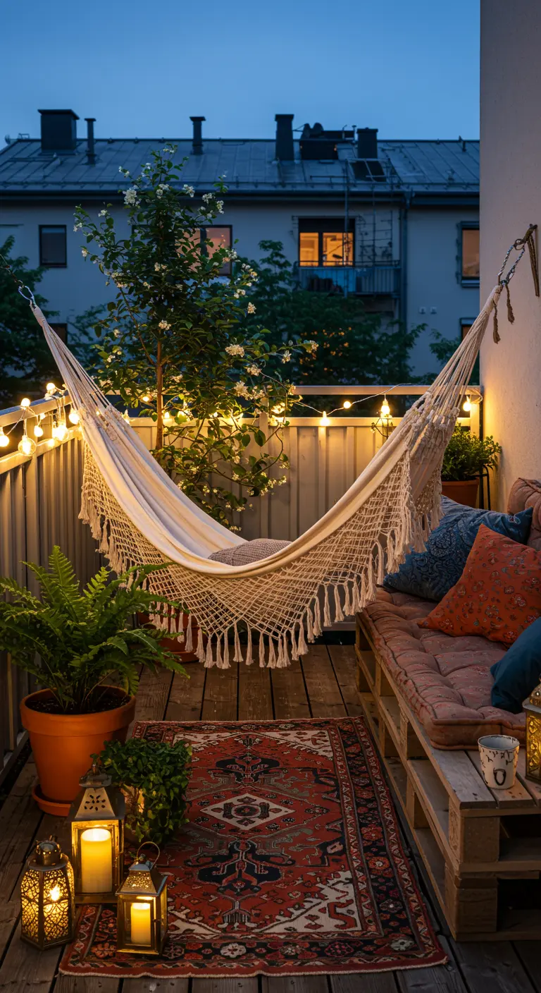 Knus balkon 's avonds met hangmat, palletbank, lichtslingers en Perzisch tapijt.
