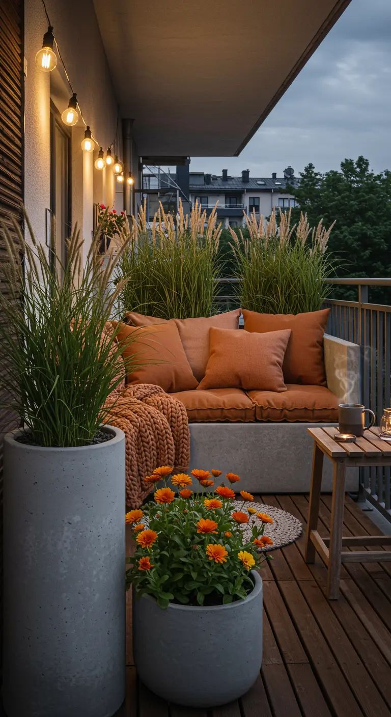 Balkon met betonnen bank, oranje kussens, planten en sfeerverlichting.