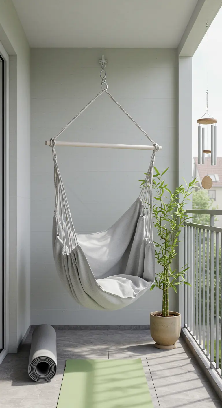Lichte stoffen hangstoel op balkon naast een yogamat en bamboeplant.