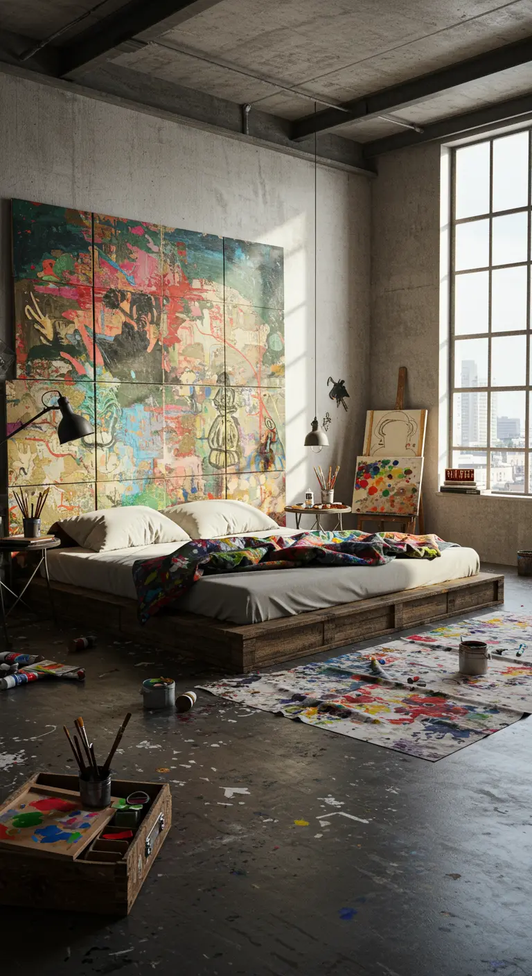 Laag houten bedframe met een groot, kleurrijk abstract kunstwerk als hoofdbord.