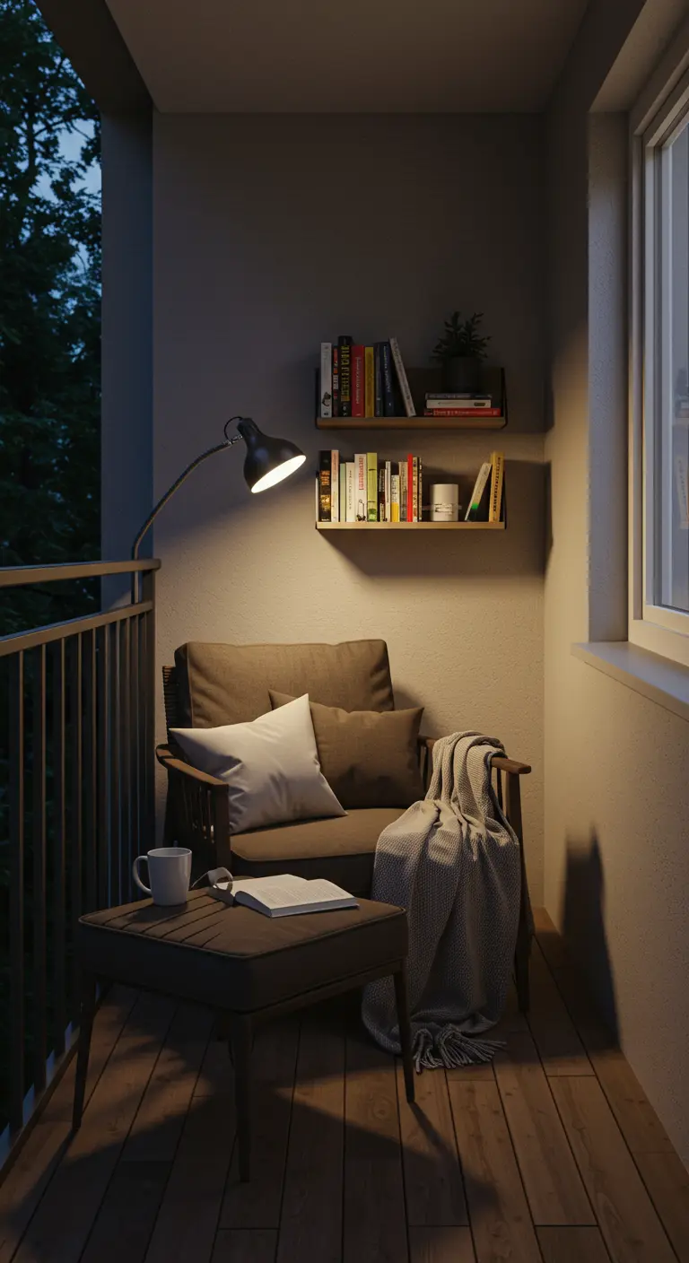 Knus balkonleeshoekje met fauteuil, boekenplanken en leeslamp in de avond.