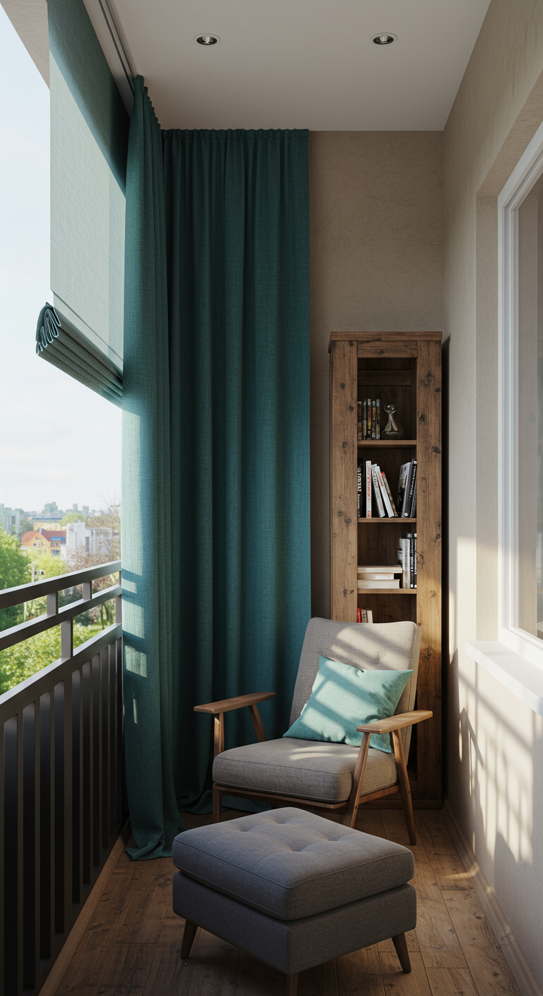Smal balkon met een donkergroen gordijn, comfortabele leesstoel en een kleine boekenkast.