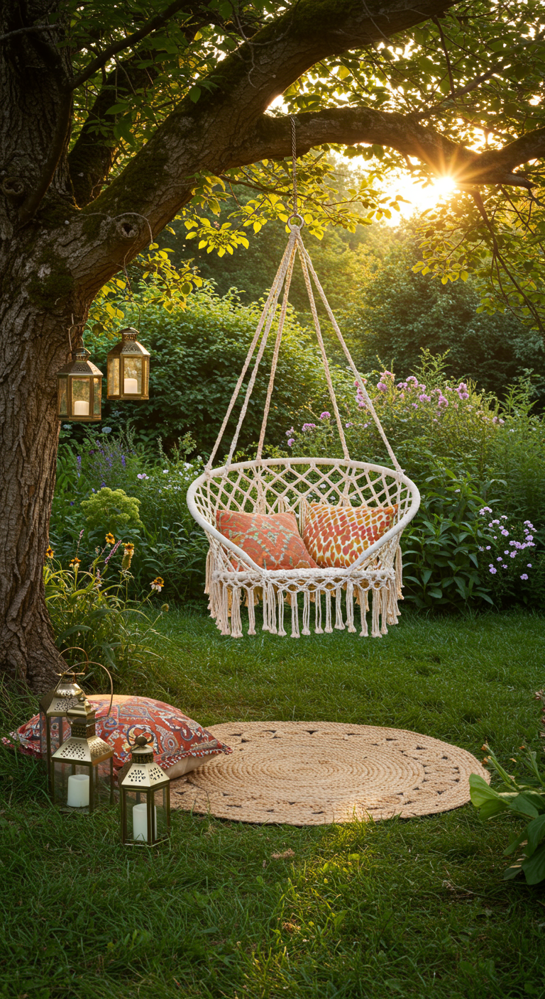 Witte macramé hangstoel onder boom met lantaarns en kussens op jute kleed.