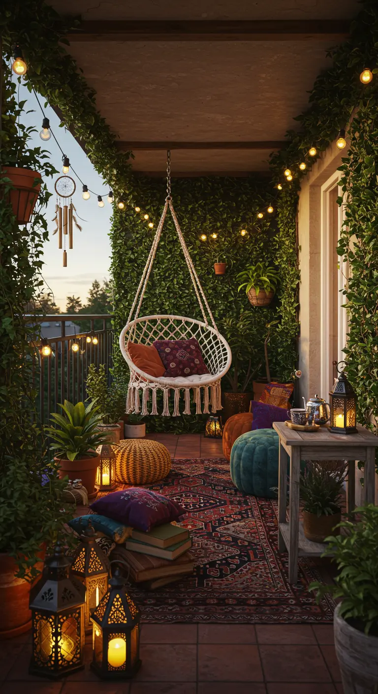 Witte macramé hangstoel op balkon met veel planten, kussens, tapijt en lichtslingers.