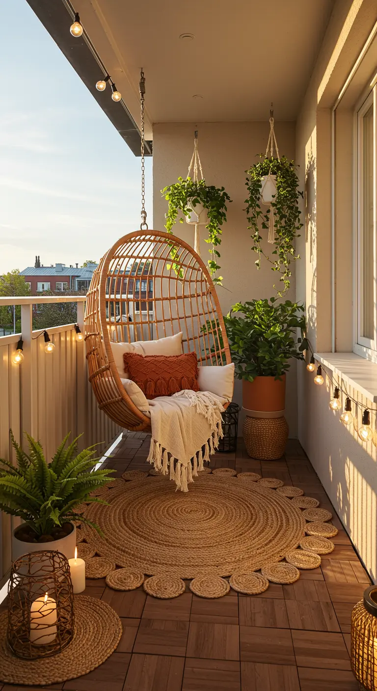 Rotan hangstoel op balkon met rond jute kleed, planten en sfeerverlichting bij zonsondergang.