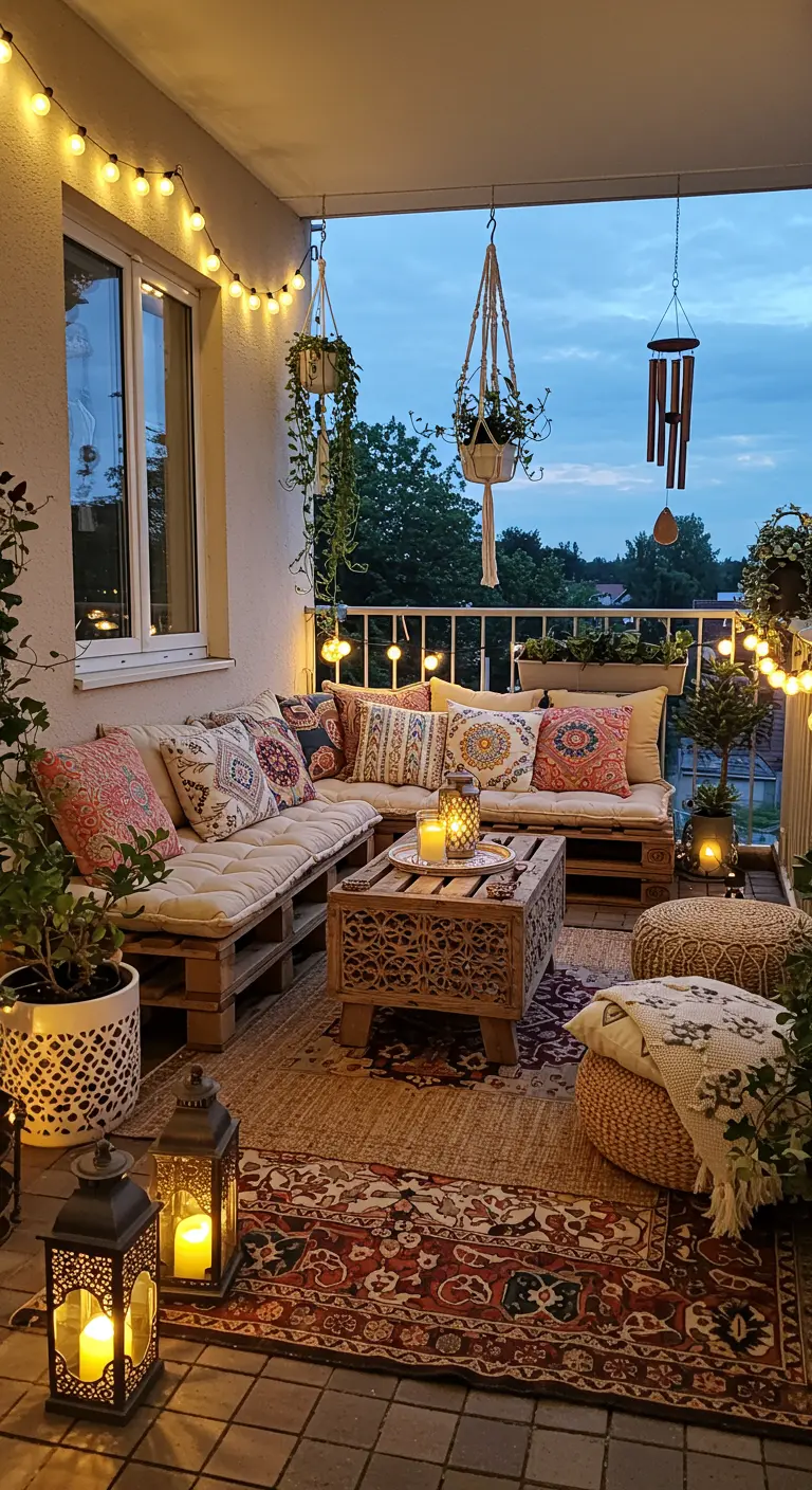 Knus balkon met palletbank, kleurrijke kussens, kelim buitenkleed en sfeerverlichting.