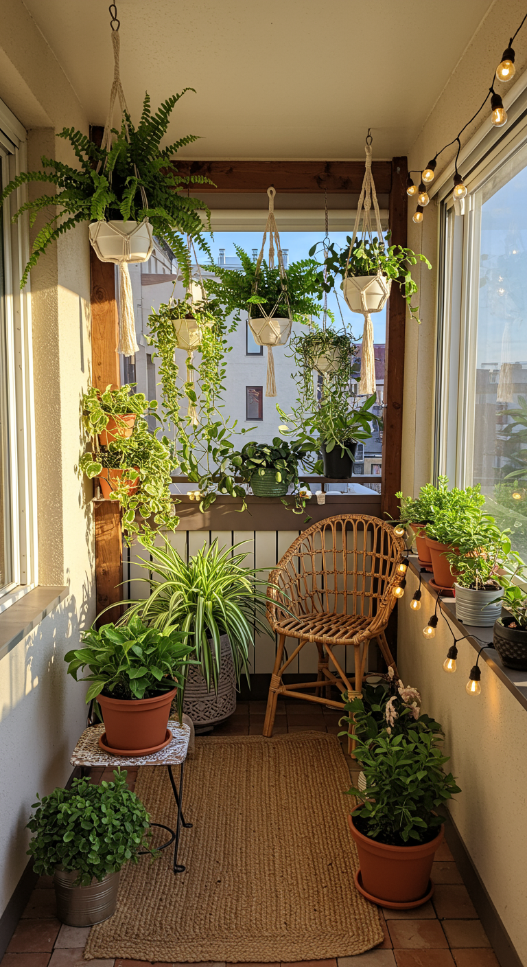 Zonnig balkon vol hangende en staande groene planten en een rotan stoel.