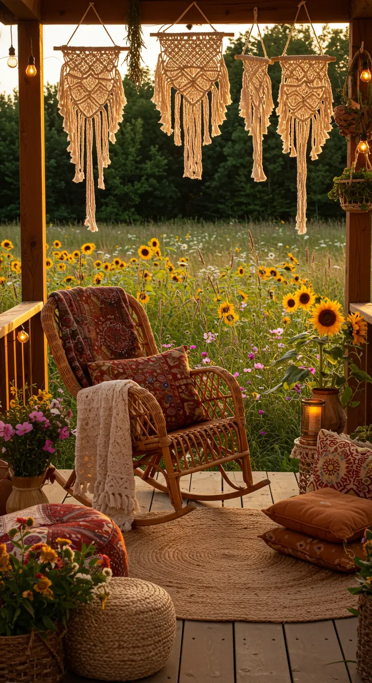 Rotan schommelstoel op een boho-veranda met macramé, kussens, lichtjes en uitzicht op zonnebloemveld.