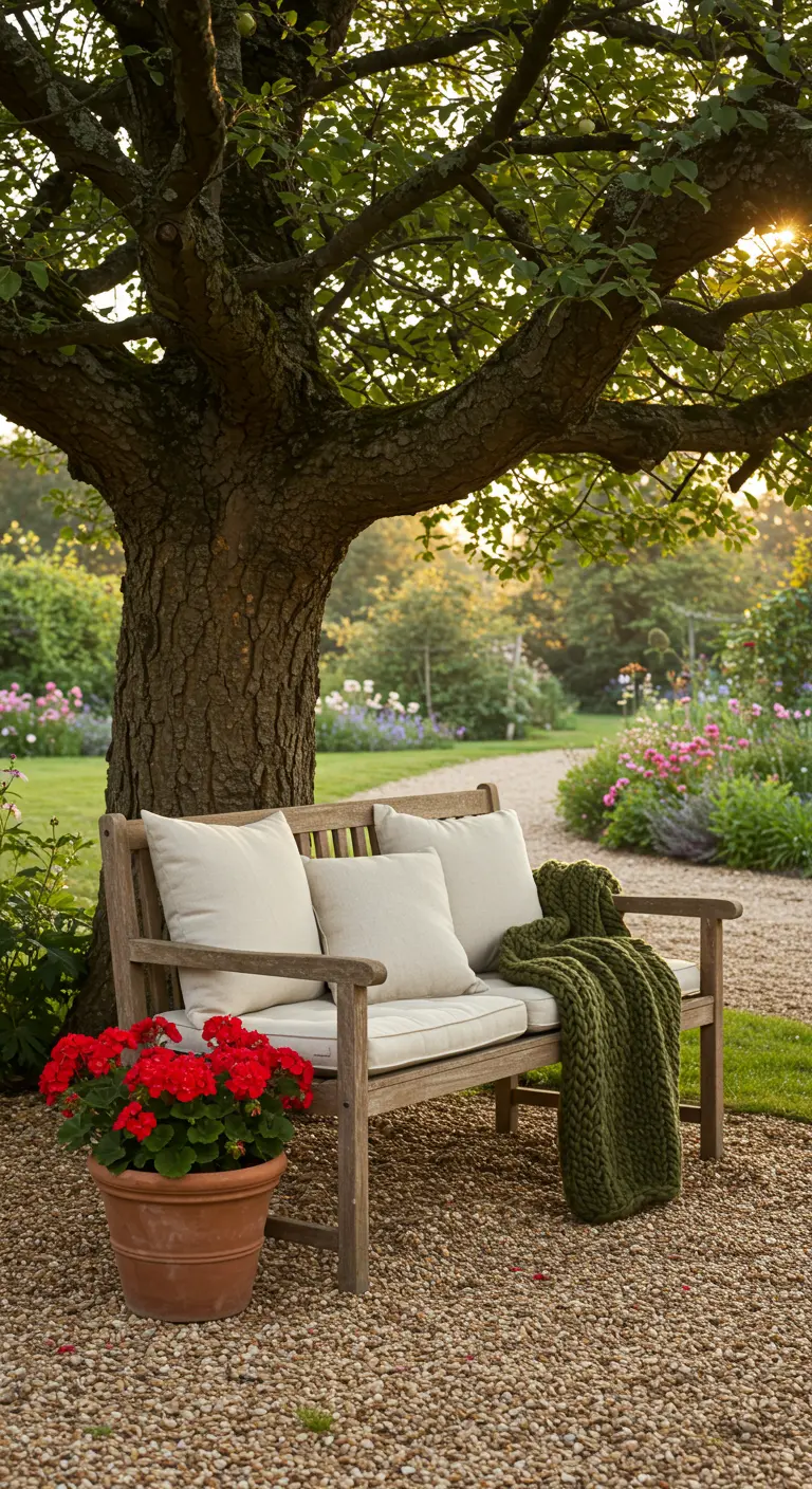 Houten tuinbank onder boom met lichte kussens, groen plaid en rode geraniums.