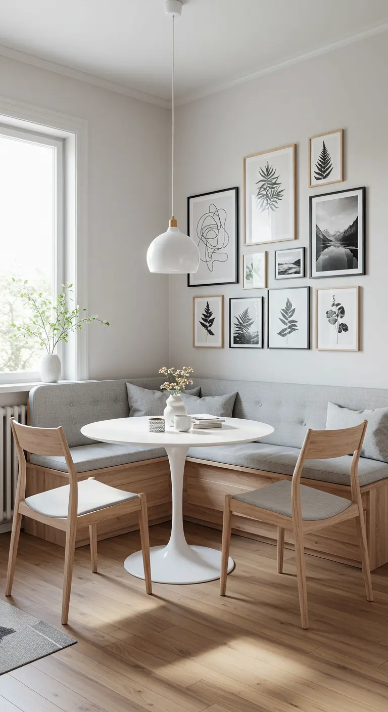 Lichte eethoek met hoekbank en gallery wall met botanische prints.