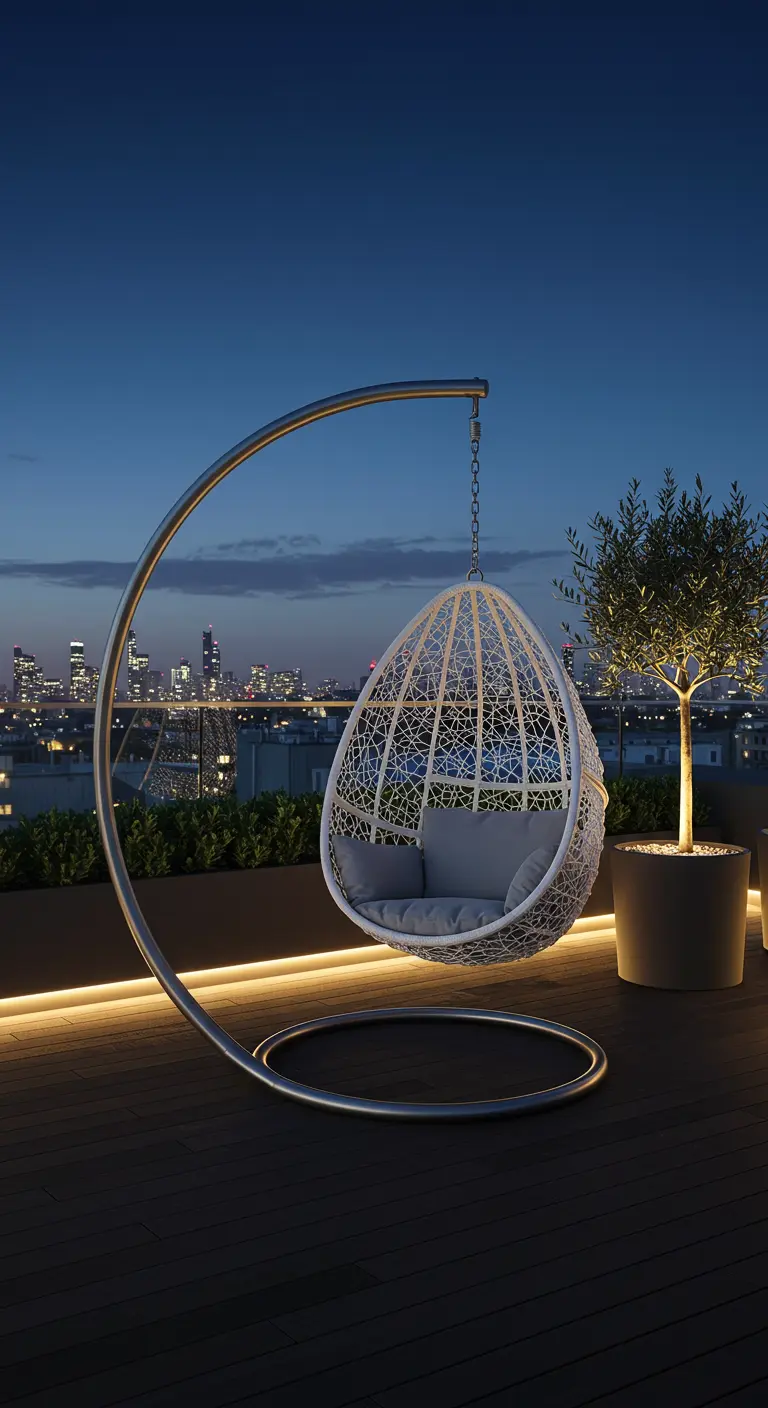 Witte eivormige hangstoel met zilverkleurig metalen frame op dakterras bij nacht, stadslichten achtergrond.