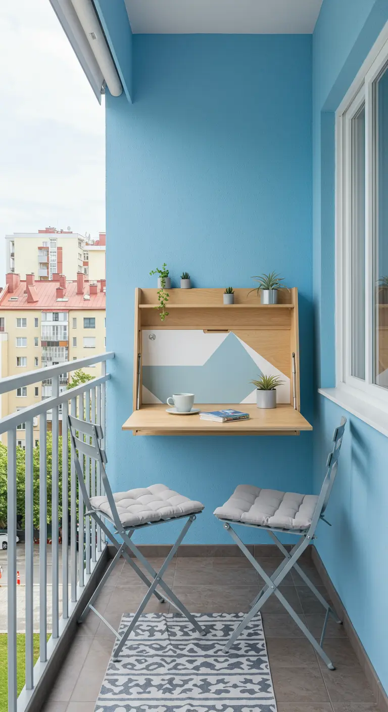 Blauwe balkonmuur met inklapbaar houten wandbureau en twee stoelen.