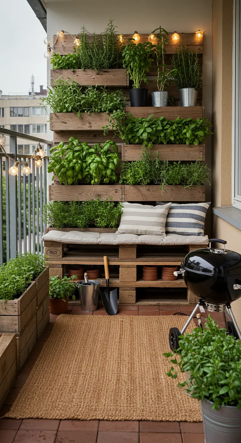 Balkon met palletbank, grote verticale kruidentuin van houten kratten en een barbecue.